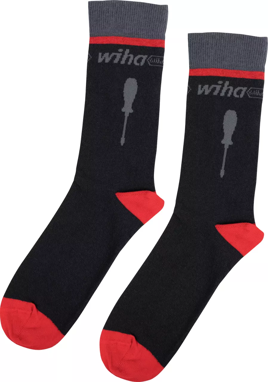 Black socks with red toes and heels, featuring a gray screwdriver design and a gray cuff with a red stripe.