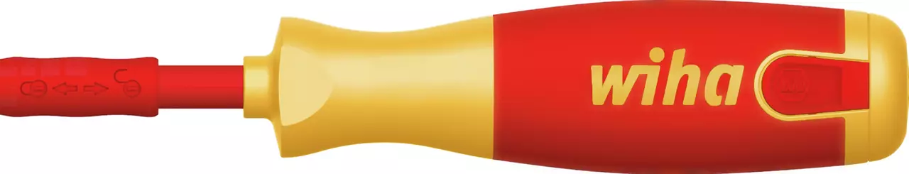 Red and yellow electric screwdriver with a round handle and brand logo.