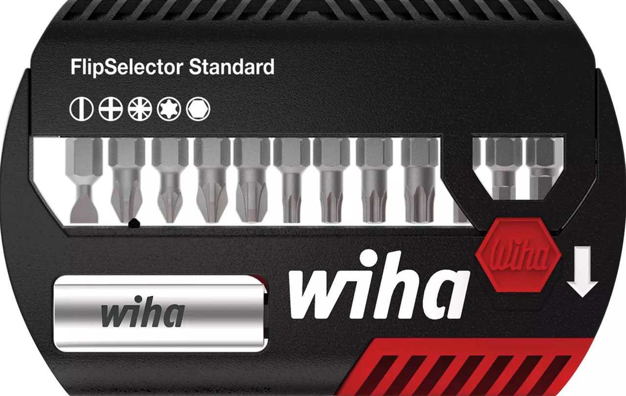 Set of various screwdriver bits in a compact black case with "FlipSelector Standard" label.
