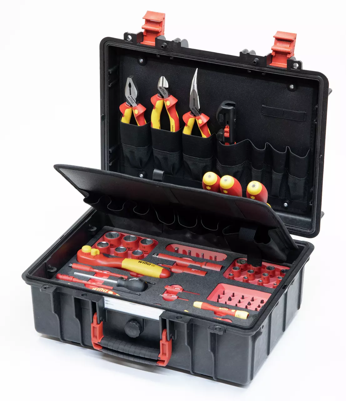 Black tool case with assorted tools including pliers, screwdrivers, and sockets, organized in compartments.