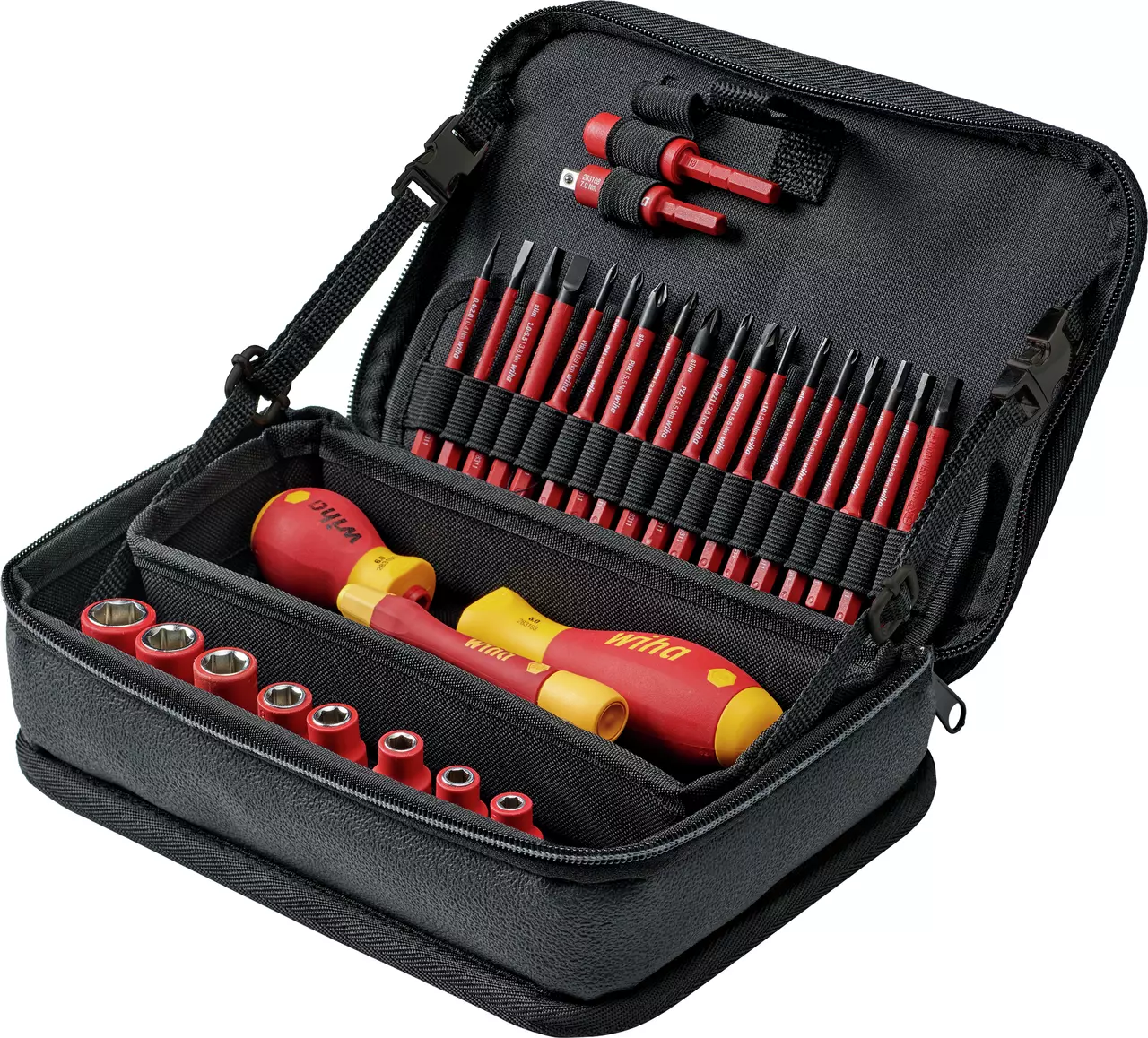 Tool set in black case with red and yellow handles, various bits and sockets.