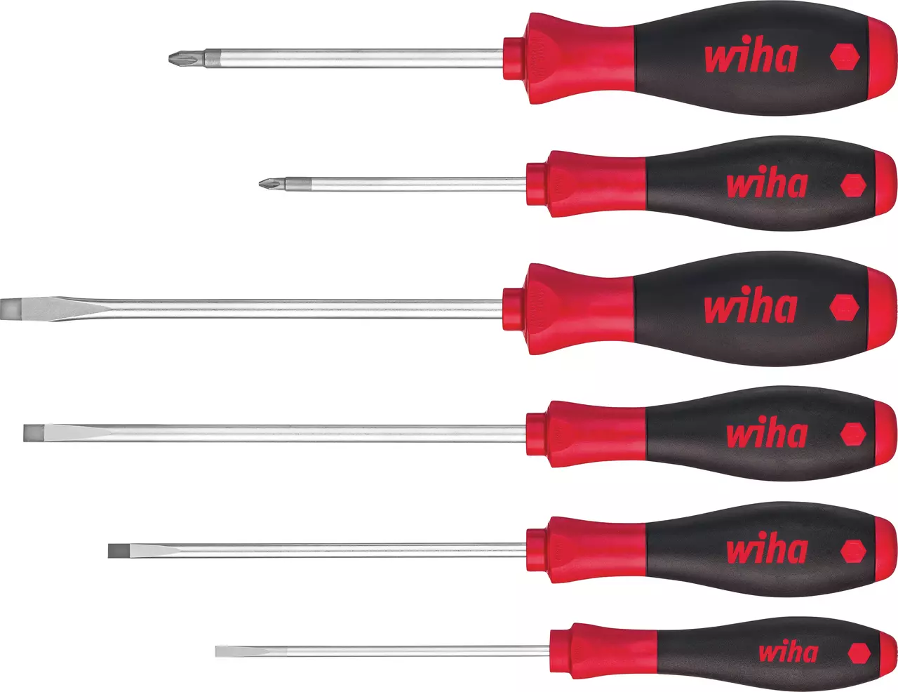 Six screwdrivers with red and black handles, including flat and Phillips heads.