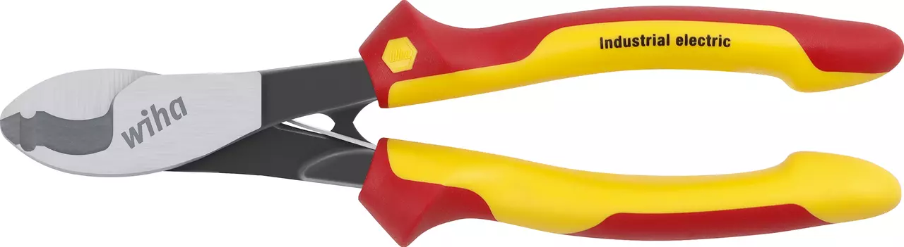 Cable cutter with red and yellow insulated handles, labeled "Industrial electric", metal blades visible.