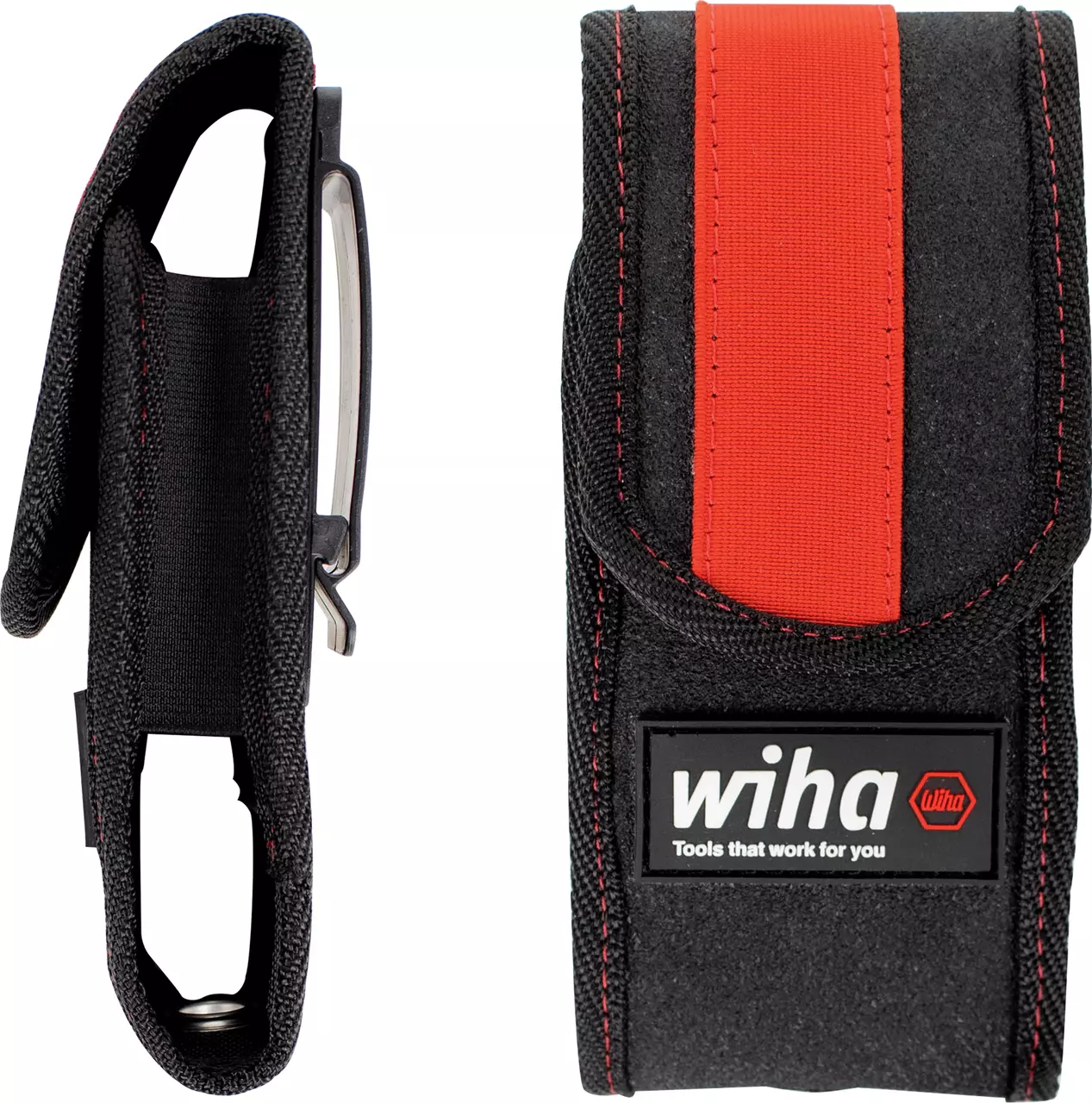 Black tool belt pouch with red stripe and logo on front