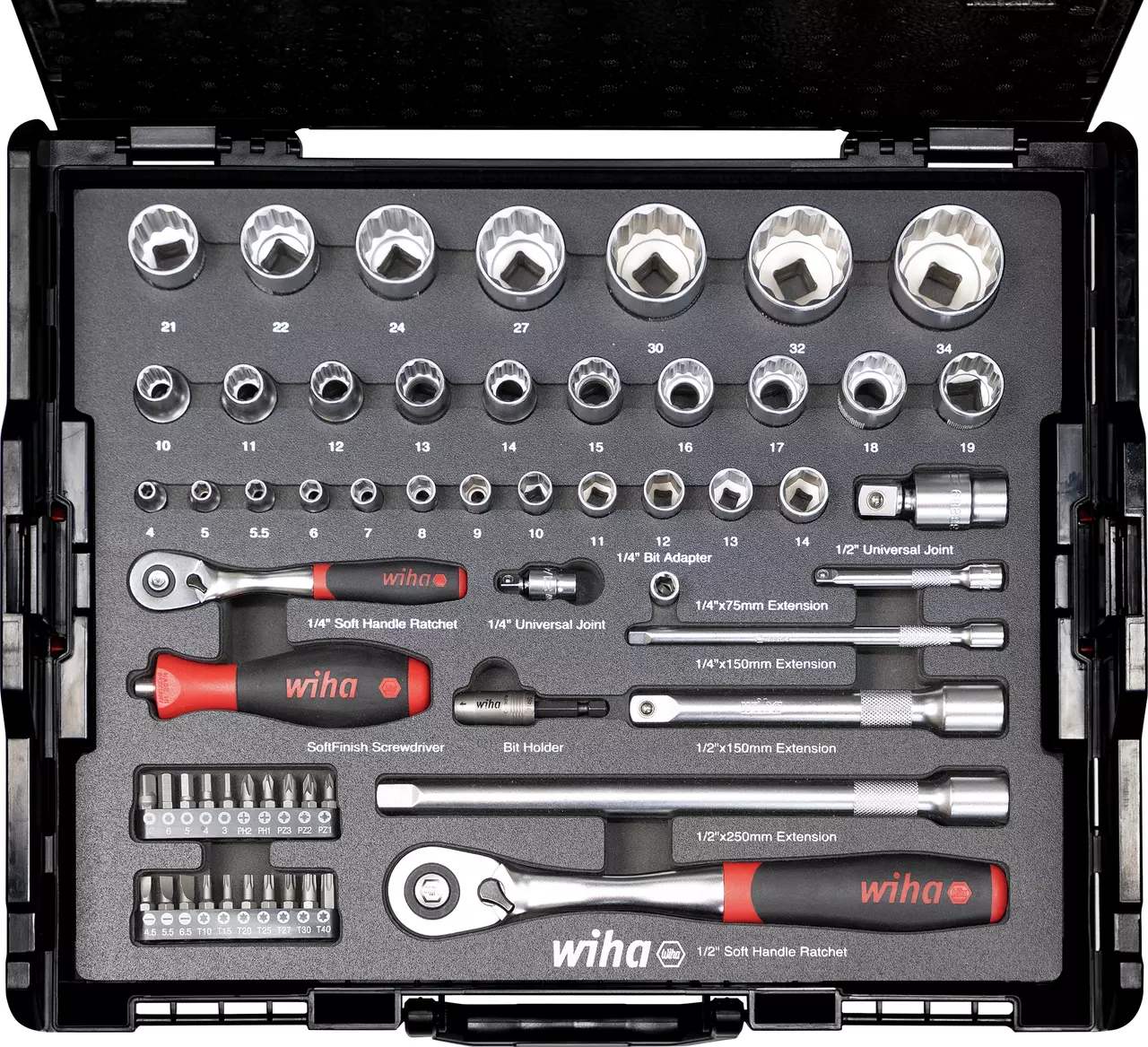 Open socket wrench and bit set with various tools and attachments in a black case.