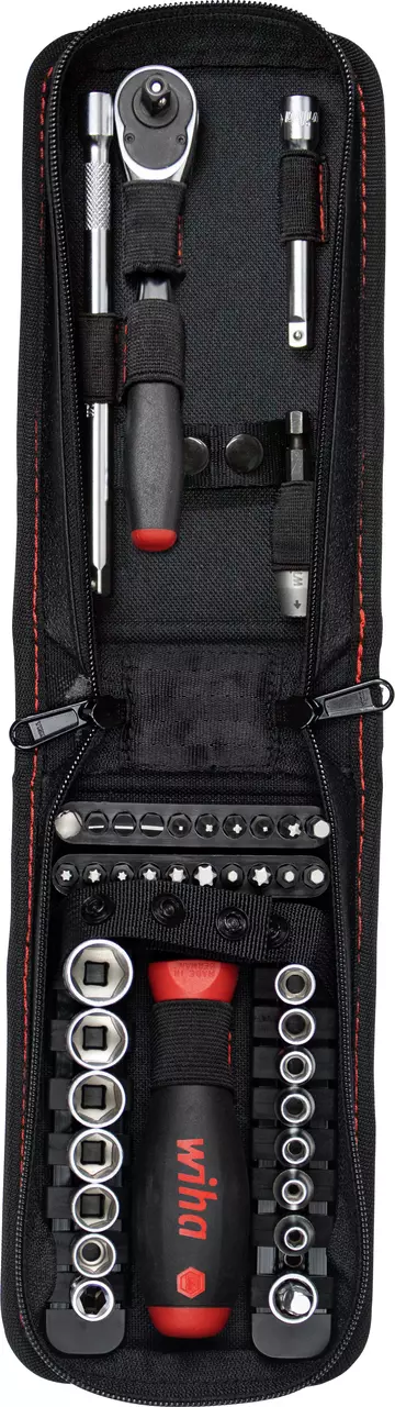 Black tool case with ratchet, sockets, and screwdriver bits.