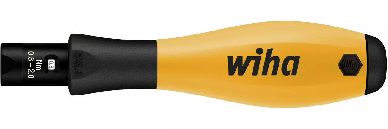 Yellow and black torque screwdriver handle with brand logo.