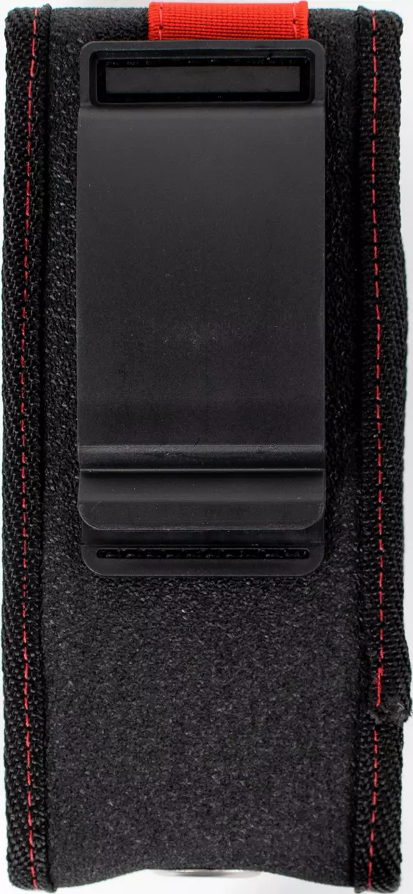 Black belt pouch with red stitching and a clip on the back.