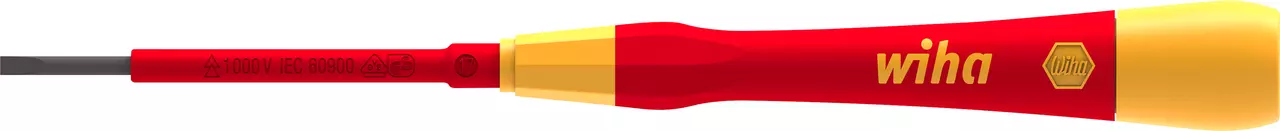 Insulated precision screwdriver with red and yellow handle, flat blade tip, labeled for 1000V use.
