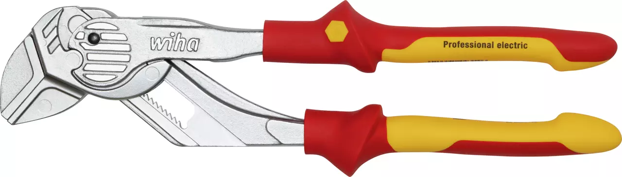 Red and yellow plier wrench with insulated handles for electrical work.
