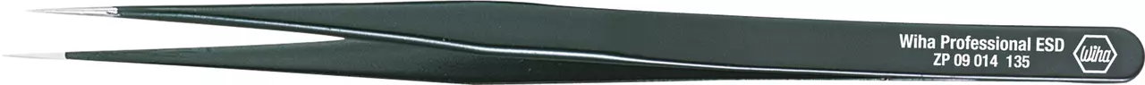 Black precision tweezers with pointed tips, labeled "Wiha Professional ESD"