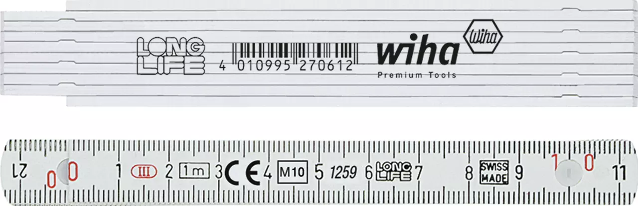 Folding ruler with measurement markings, brand logos, and product details visible.