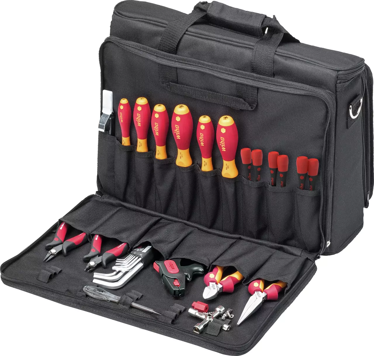 Black tool bag with assorted screwdrivers, pliers, and hex keys organized in pockets.