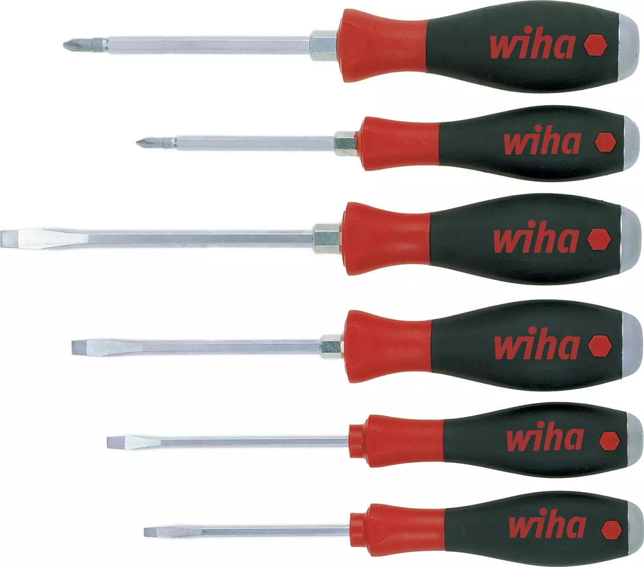 Set of six screwdrivers with red and black handles, labeled "wiha"