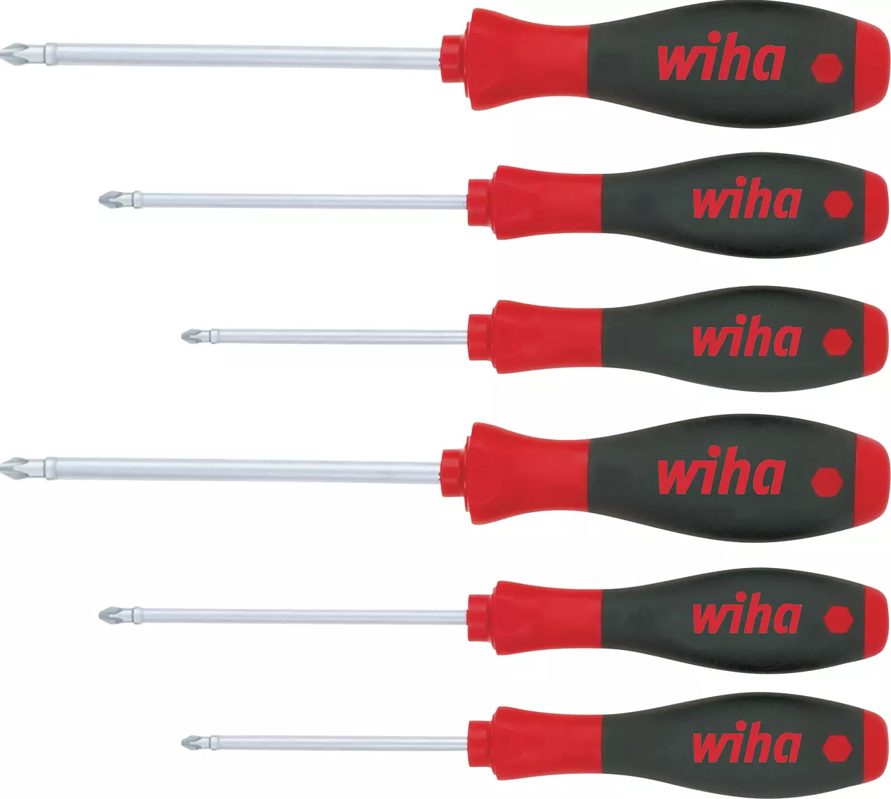Six red and black screwdrivers with ergonomic handles in a set.