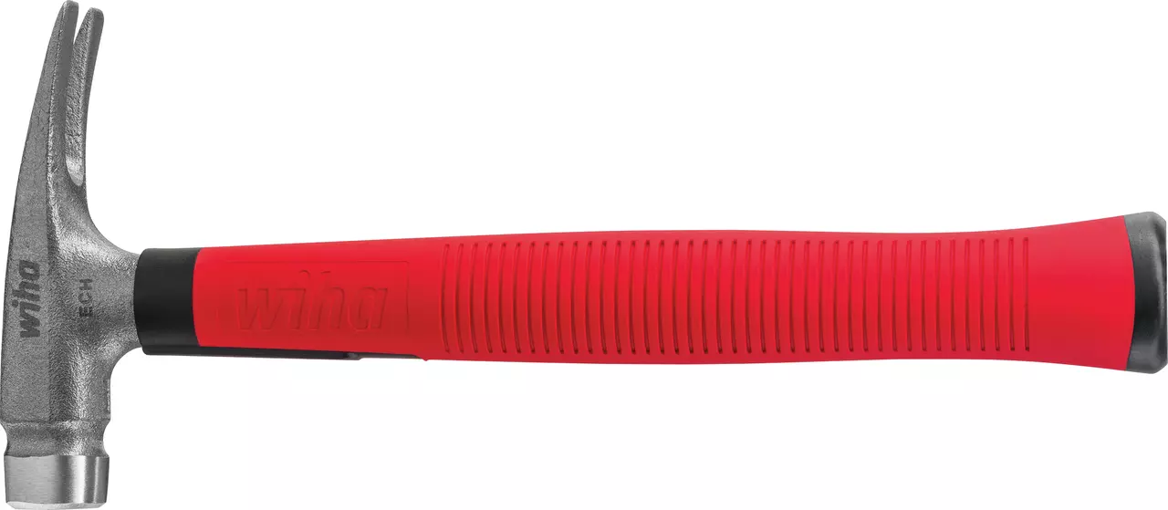 Electrician's hammer with red handle and metal head