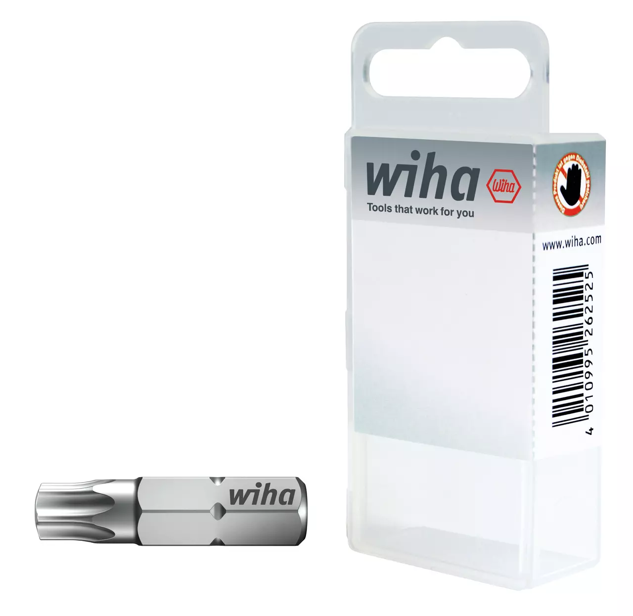 Torx bit with a silver finish next to a transparent plastic storage box.