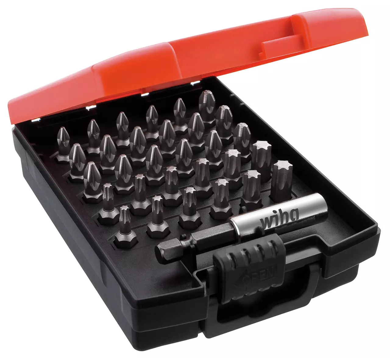 A set of screwdriver bits in an open black case with a red lid.