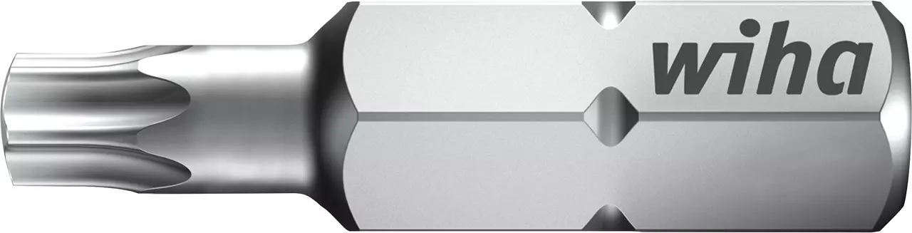 Torx T15 bit with a hexagonal base, silver color.