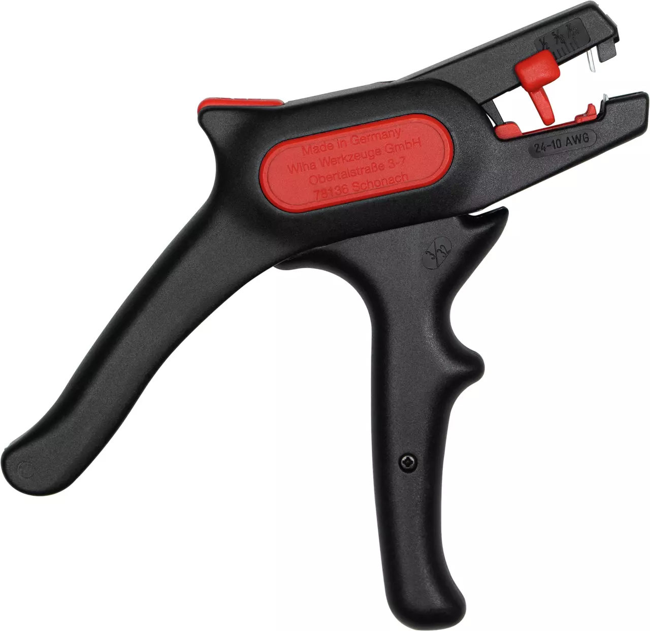Automatic wire stripping tool with black handles and red accents.