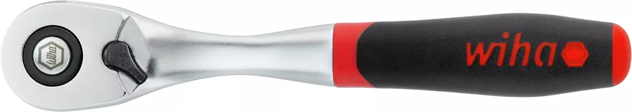 Reversible ratchet with black ergonomic handle and silver metal head.