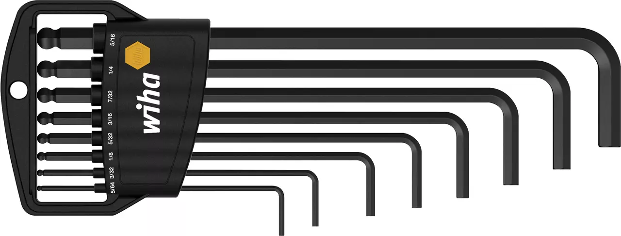 Set of black L-shaped hex keys in a holder