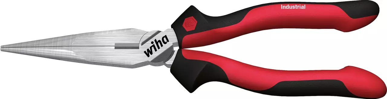 Flat-nose pliers with red and black handles and a silver metallic head.
