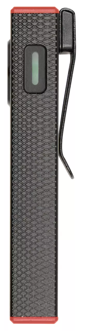 Black textured hand tool with a clip, features a small window with a green light indicator and red ends.