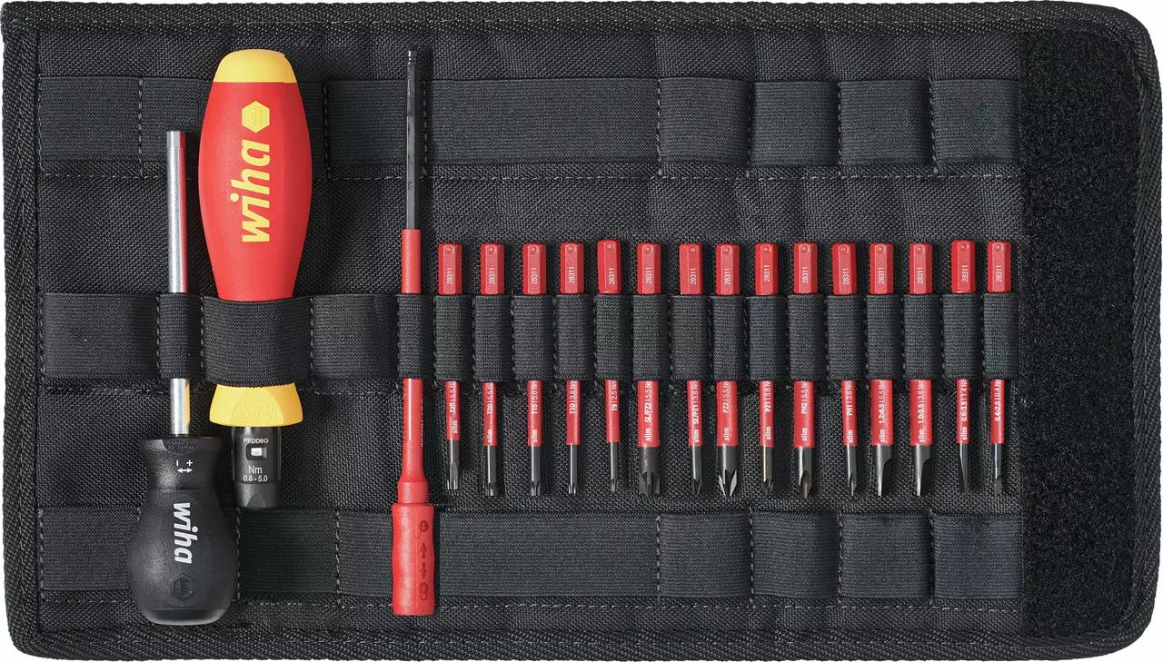 Tool set with red and black handles, multiple bits in a black fabric case.