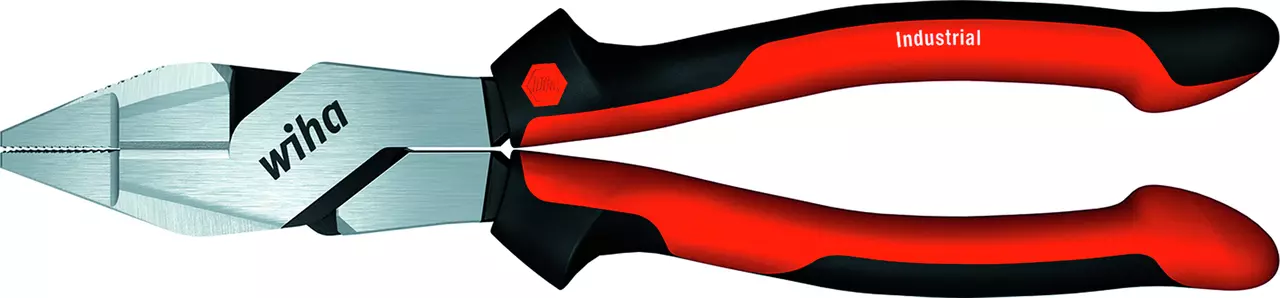 Red and black pliers with metallic jaws, featuring a logo on the side.