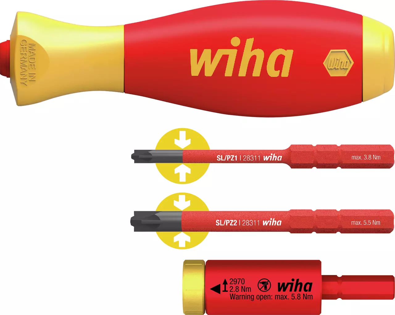 Electric screwdriver with red handle, yellow cap, and two interchangeable bits.