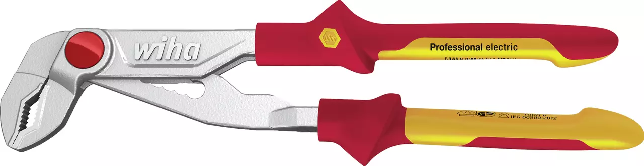 Red and yellow water pump pliers with insulated handles labeled "Professional electric".