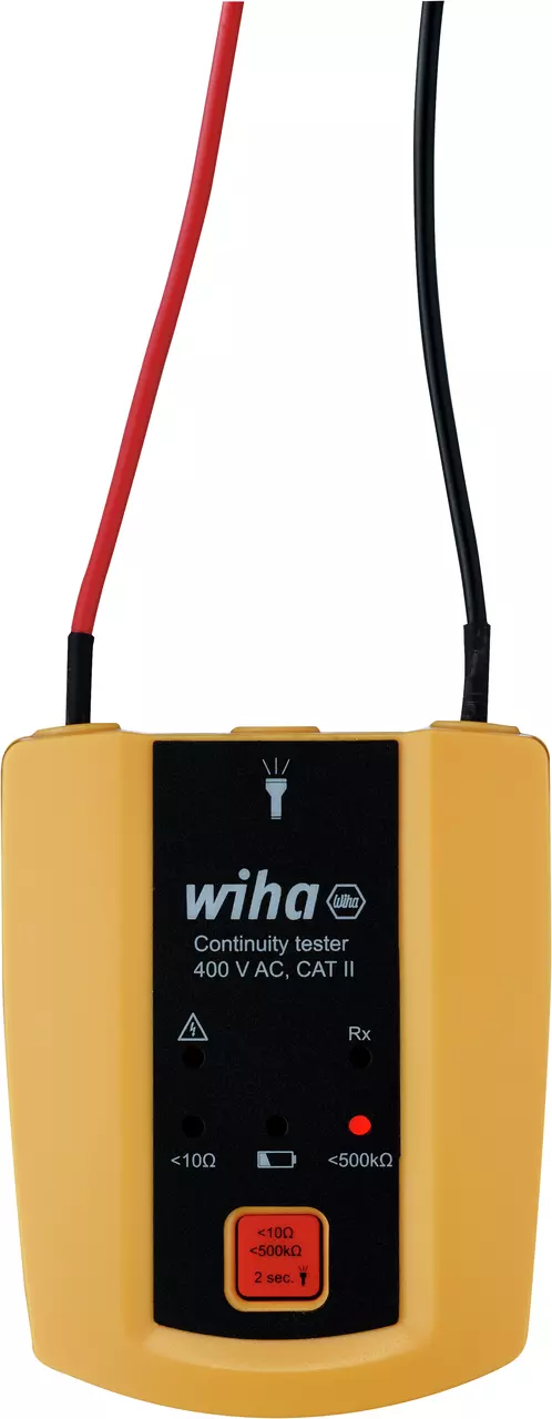Yellow continuity tester with red and black probes, labeled for 400V AC, CAT II.