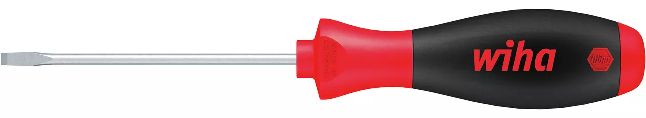 Flathead screwdriver with a red and black handle, metal shaft.