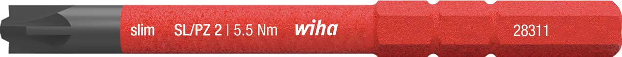 Red and black screwdriver bit with text "slim SL/PZ 2 | 5.5 Nm wiha" and number "28311".
