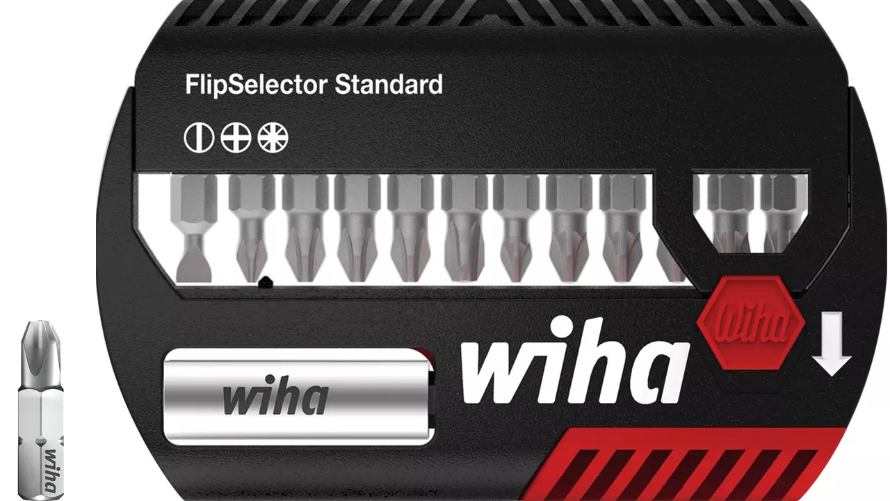 Black tool set case with multiple screwdriver bits visible through a transparent window.