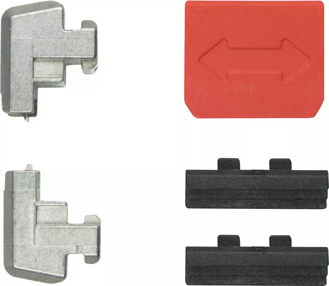 Replacement blades and parts for a wire stripper, featuring metal and plastic components.