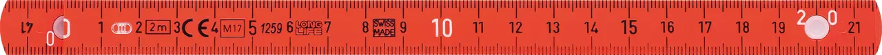 Red measuring stick with black markings and symbols, showing centimeters from 1 to 21.