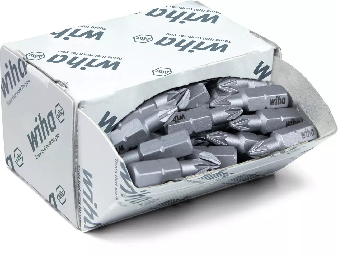 Box of multiple standard screwdriver bits in silver color