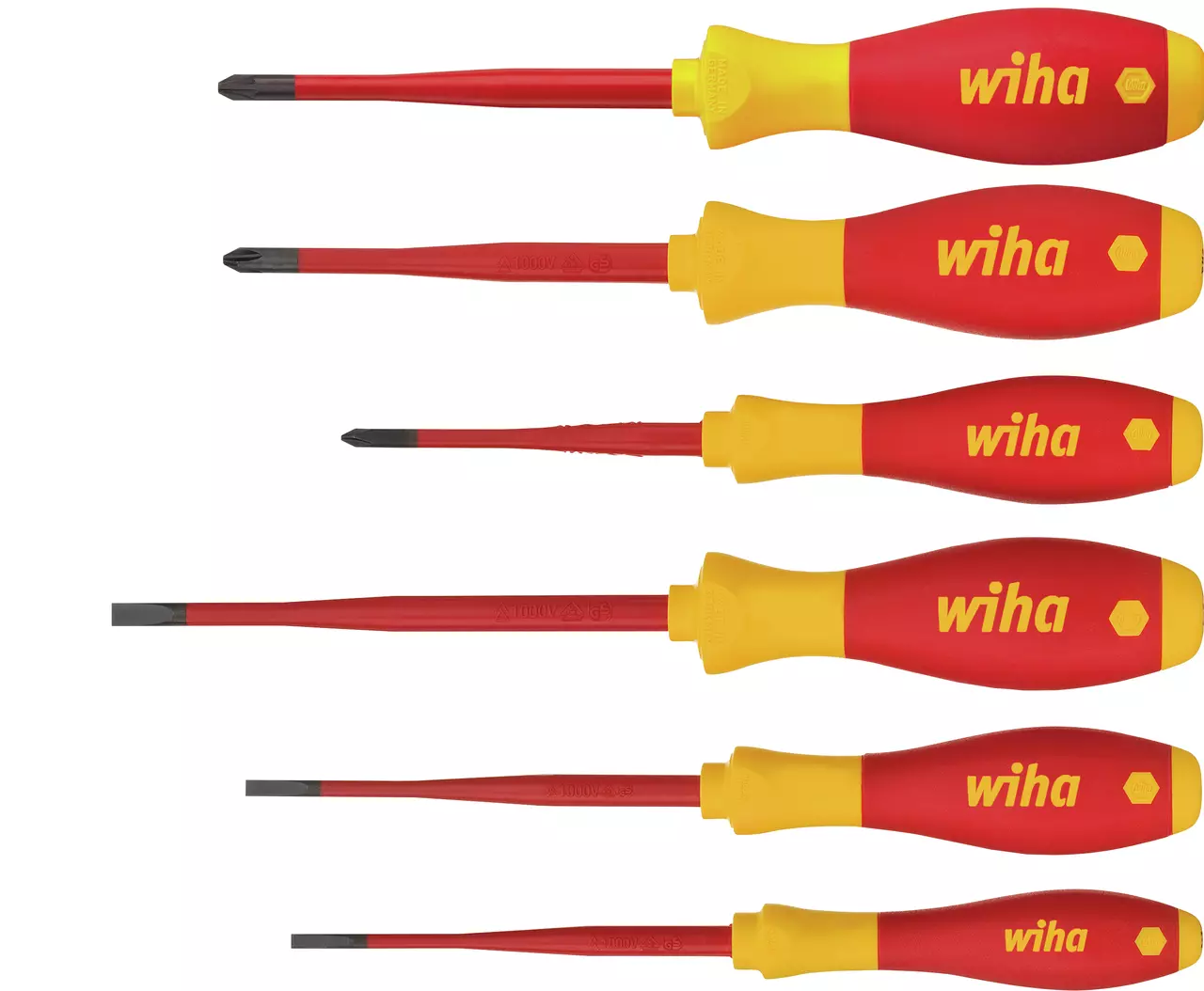 Set of six insulated screwdrivers with red and yellow handles