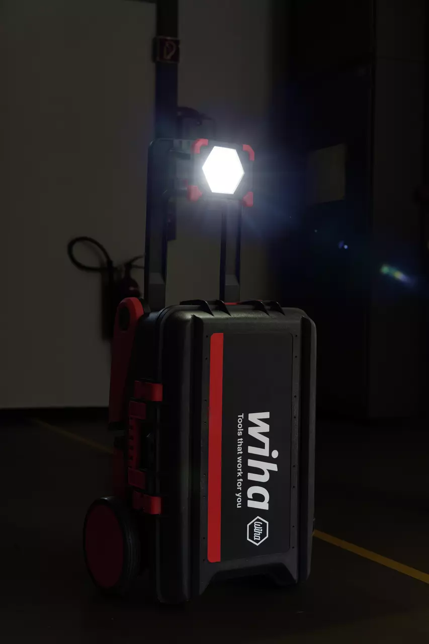 Rolling tool case with handle and bright hexagonal LED light