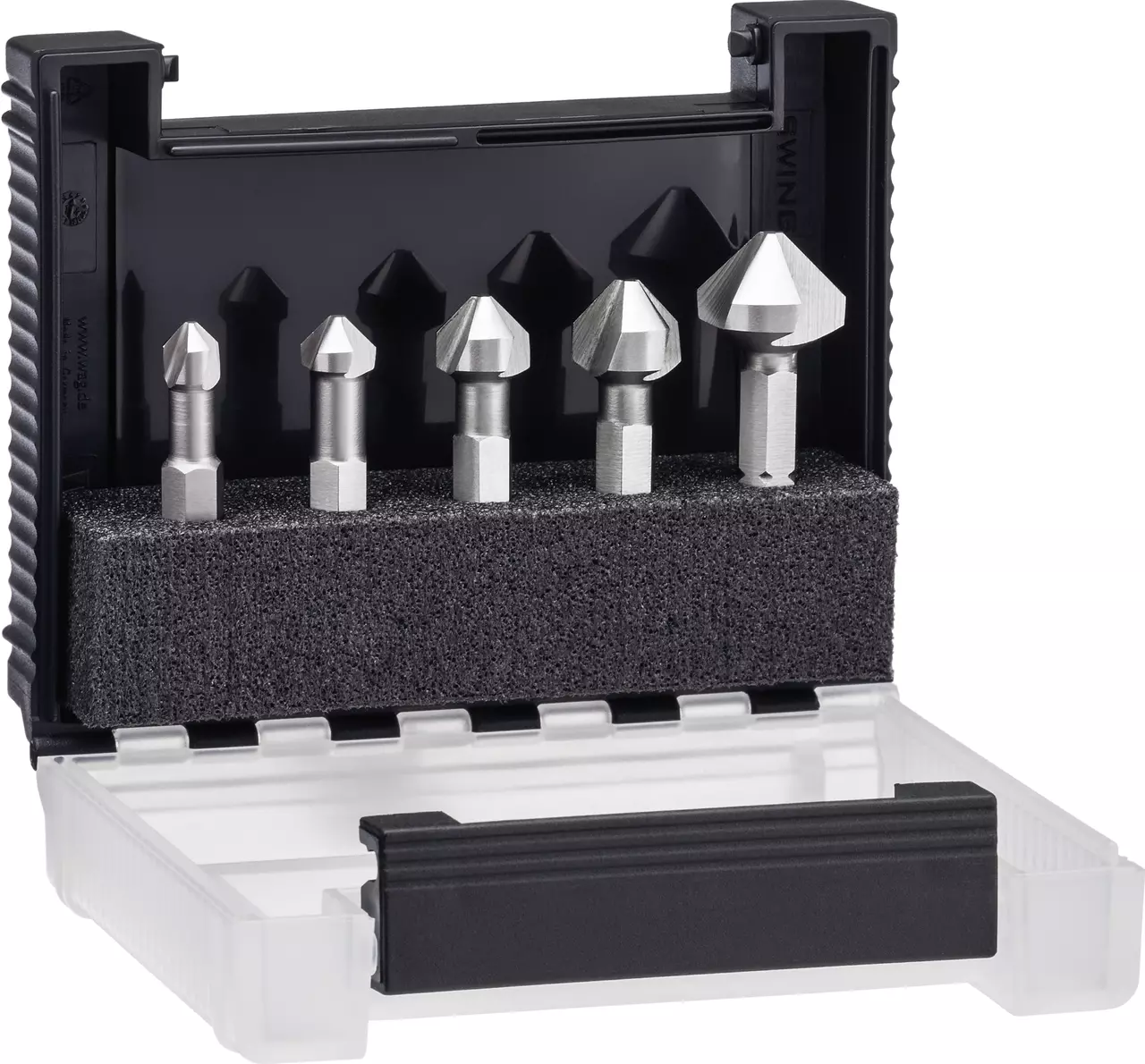 Set of five silver countersink bits in a black foam holder, within a plastic case.