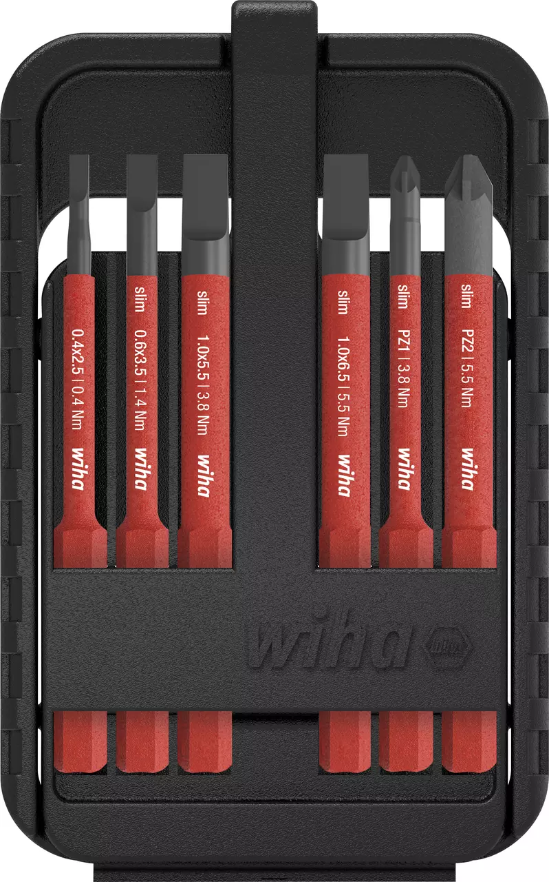 Black case with red slim screwdriver bits arranged inside
