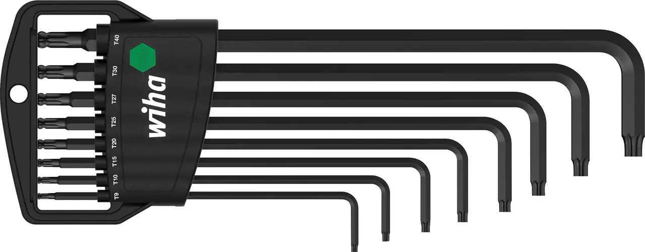 Black L-key set with various sizes in a plastic holder.