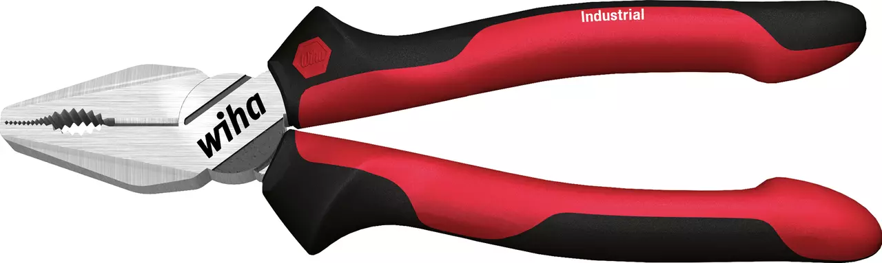Red and black combination pliers with metal jaws.
