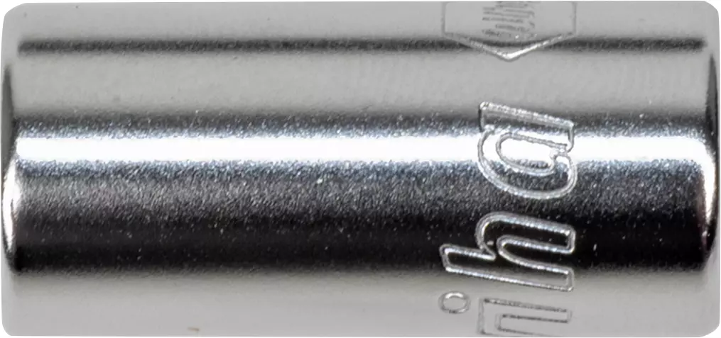 Silver metallic cylindrical connector with engraved text