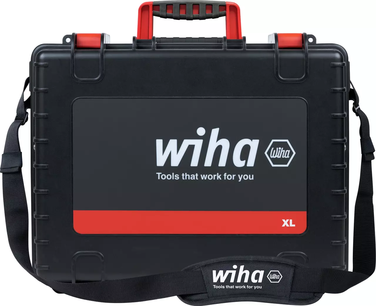 Black tool case with red handle and strap, labeled "wiha" and "XL"