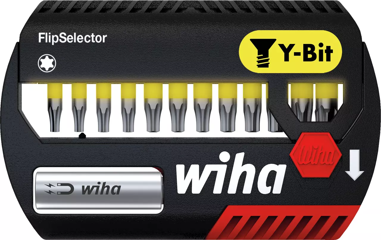 Black and red FlipSelector with yellow Torx bits visible inside.