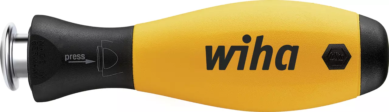 Yellow and black screwdriver handle with "wiha" logo, featuring a push button mechanism.