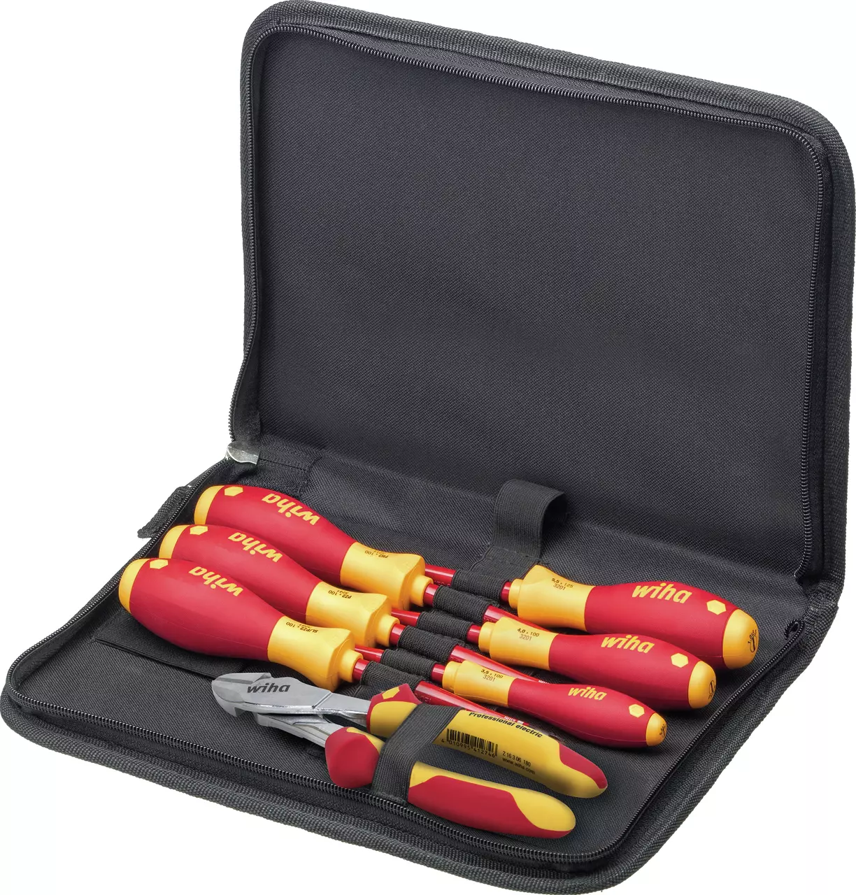 Tool set with screwdrivers and pliers in a black case.